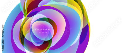 Abstract colorful swirls create dynamic circular design. Vibrant hues blend, forming modern background. Smooth gradients offer visual interest.