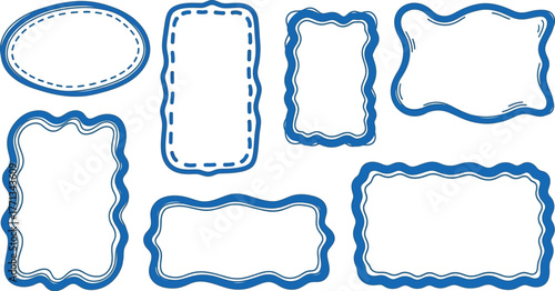 Set of seven unique distressed hand-drawn frames and borders with blue watercolor edges for creative design projects