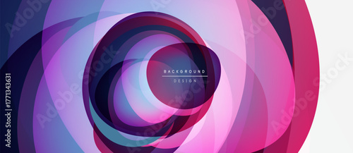 Abstract layers create circular pattern. Vibrant purple, blue, pink hues blend. Modern design evokes depth, movement, energy.