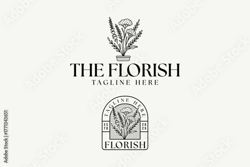 Potted wildflower with petal and leaves vintage logo design set for florist, skincare, wedding, boutique. Botanical arrangement floral vintage badge design for beauty care, spa, salon, cosmetic