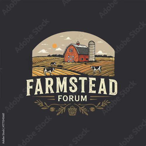 Rustic farm scene with barn silo cows and fields below text