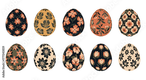 A beautiful collection of ten Easter eggs, each uniquely adorned with intricate floral patterns in a cohesive palette of warm, earthy tones.