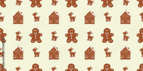Christmas gingerbread scene pattern. Seamless flat illustration of houses, men and deer cookies on beige background. Winter vector art for textile, package, banners