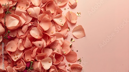Pink rose petals scattered on soft background with delicate details  