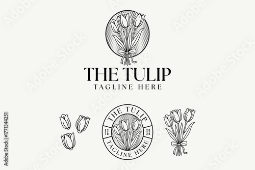 Tulip flower bouquet logo in minimal line art style for florist, boutique, skincare, wedding. Feminine tulip botanical floral retro badge logo design for beauty care, spa, salon, cosmetic