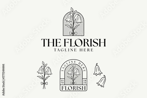 Bellflower bouquet elegant logo in minimal line art style for florist, boutique, skincare, wedding. Feminine campanula botanical floral retro badge logo design for beauty care, spa, salon, cosmetic