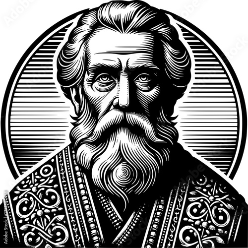 Engraved Portrait of a Bearded Man: A detailed, vintage engraving depicts a distinguished man with a long beard and ornate garments, his gaze both wise and intense. 