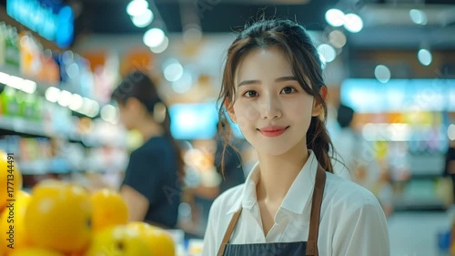 小売店で働く女性、スーパーマーケット