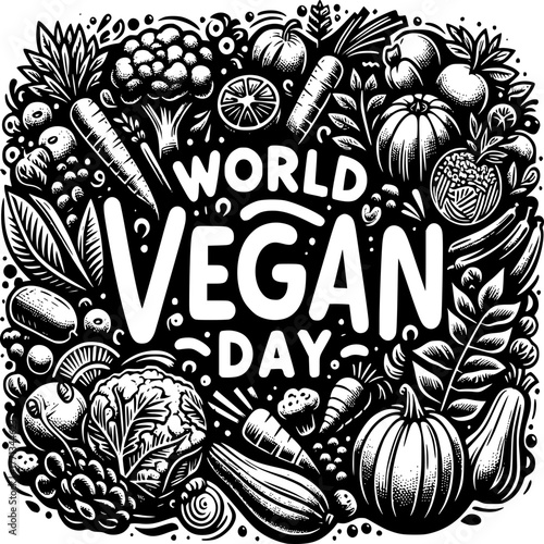 World Vegan Day Celebration: An intricate illustration, the image showcases a bountiful arrangement of fresh vegetables and fruits.