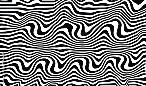Black and white wavy abstract pattern forming fluid movement, creative optical flow design with smooth continuous lines, minimal geometric background for digital or print use.