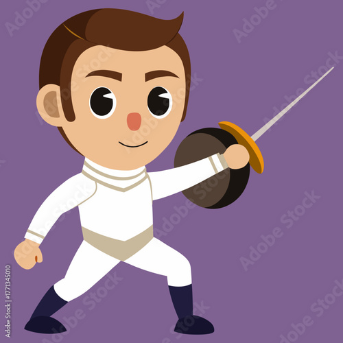 Cartoon fencer holding a foil in a ready fighting pose