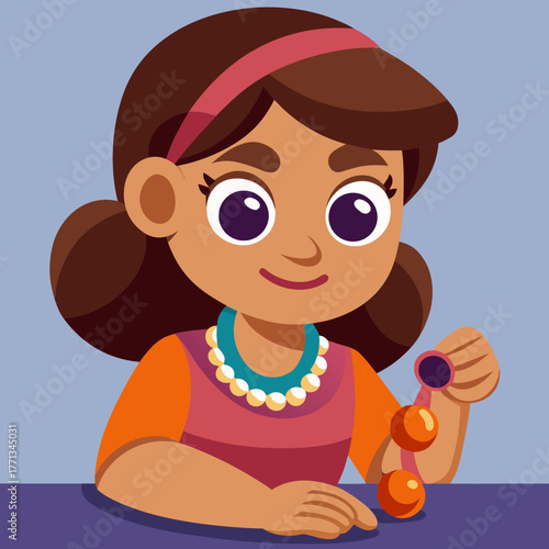 Cartoon girl holding a toy with a happy expression