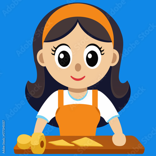 Cartoon girl making cheese on a wooden board