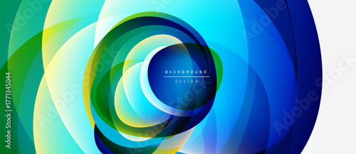 Abstract swirling layers, vibrant blues, greens, yellows create dynamic visual effect. Modern design, perfect background element.