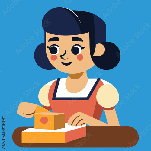 Cartoon girl wrapping a present on a blue background