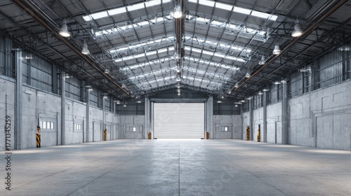 A High Resolution image of spacious empty industrial warehouse interior with concrete floor and metal roof.