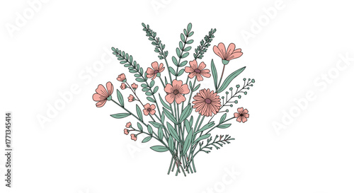 A charming hand-drawn illustration of a delicate floral bouquet featuring various pink and peach blossoms with green leaves and stems.