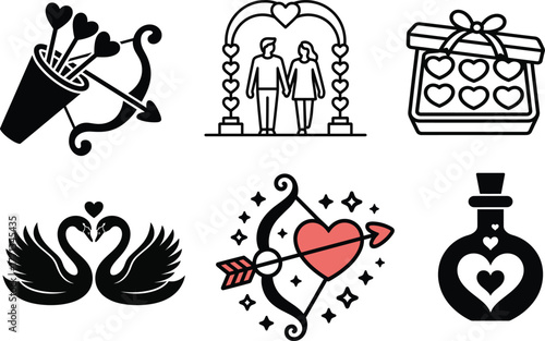 A Collection of Romantic Love Icons Perfect for Valentine's Day and Wedding Designs Featuring Cupid's Arrow Swans and a Gift Box