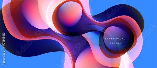 Abstract fluid shapes overlap, creating vibrant color gradients. Blue background enhances dynamic composition. Modern design element.