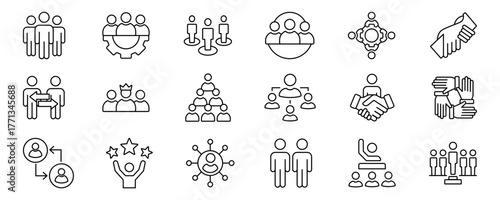 Teamwork icon set. Business related line icons: meeting, cooperation, support, collaboration, partnership, society, workshop, work group, human resource and more. Editable stroke. Vector illustration.