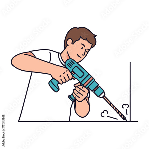 Man drilling a hole in a wall with a power drill.