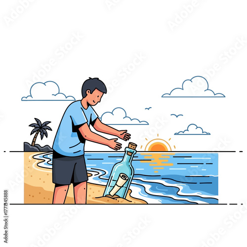 Man finds message in a bottle on a tropical beach at sunset.