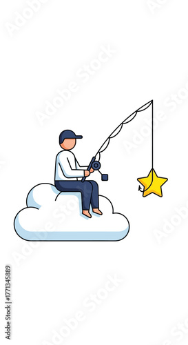 Man fishing for a star while sitting on a cloud.