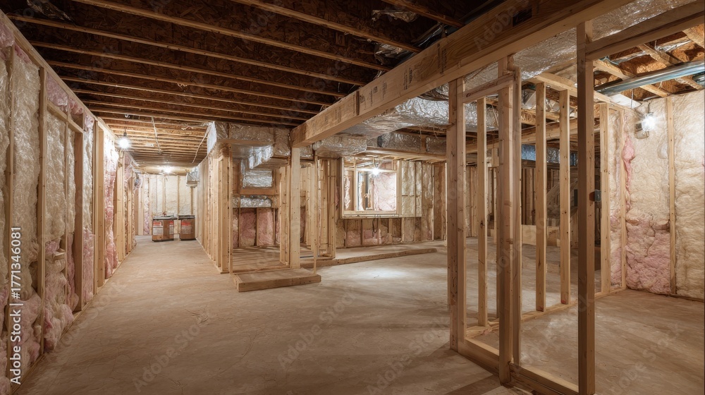 Fototapeta premium A High Resolution image of unfinished basement framing and insulation, ready for renovation.