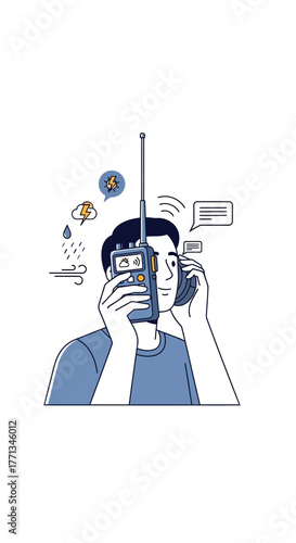 Man holding a walkietalkie and a phone communication concept.