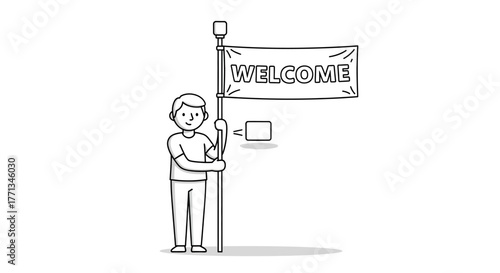 Man holding a welcome flag.