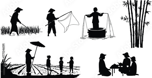 Traditional Asian village life silhouettes with farmers, fishing, bamboo trees, children in fields, and family tea gathering illustration