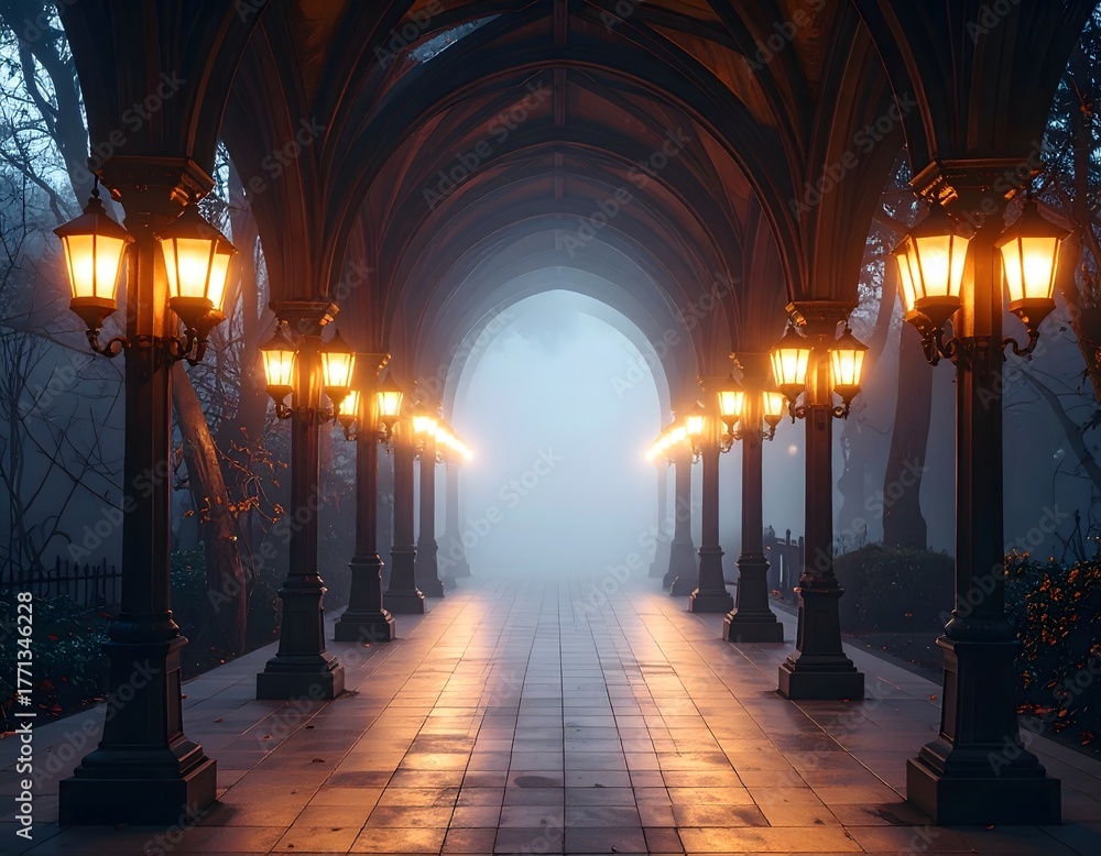 Fototapeta premium Foggy Archway with Glowing Lanterns