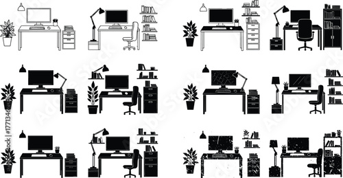 Collection of modern home office desk setups with computer monitors, lamps, chairs, plants, shelves, and minimalist workspace design
