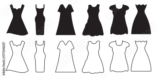Collection of various black and white dresses silhouettes vector