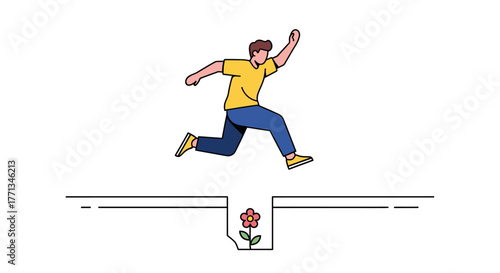 Man jumping over a gap with a rose symbol.