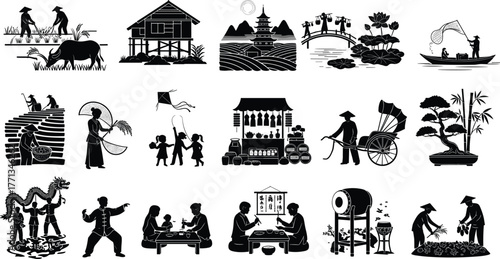 Traditional Asian village lifestyle illustration showing farming, fishing, market scenes, cultural festivals, family meals, and ancient architecture design elements