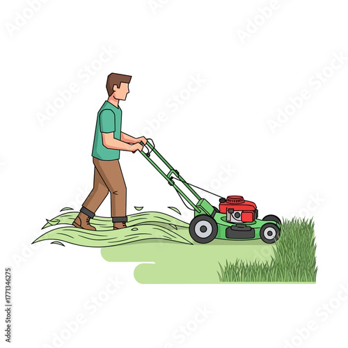 Man mowing the lawn with a push mower on a sunny day.