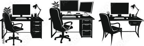 Modern home office workspace setup with computer desk, ergonomic chair, dual monitors, indoor plants, and minimalist workstation design illustration