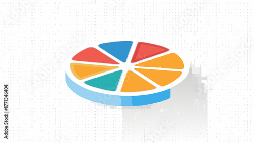 Abstract colorful pie chart divided into eight segments with a blue base and shadow on a white background with subtle digital pattern