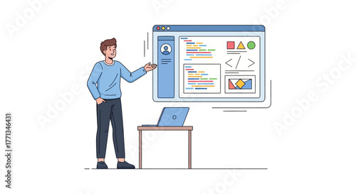 Man presenting a software interface on a large screen with a laptop on a table.