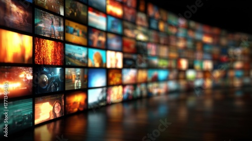 A High Resolution image of wall of screens displaying various media content in a curved display.