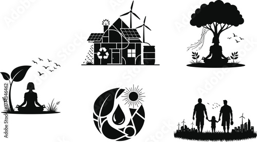 Eco friendly lifestyle illustration showing renewable energy, sustainable family, meditation, nature balance, solar power, green home, and environmental conservation concept