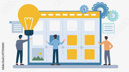 Team collaborating on a project timeline with a bright idea lightbulb and gears symbolizing planning and execution