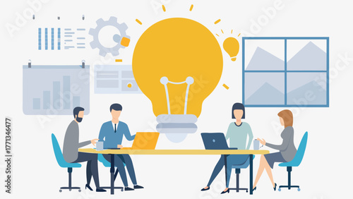 Diverse business team collaborating around a table with a giant light bulb symbolizing a new idea or innovation