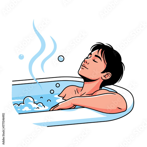 Man relaxing in a steaming hot bath.