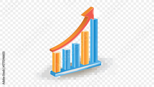 Isometric 3d bar graph with an upward trending orange arrow indicating growth and success in business and finance