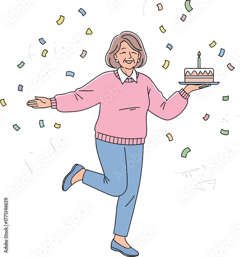 Happy Senior Woman Celebrating Birthday Joyful Illustration with Cake and Confetti