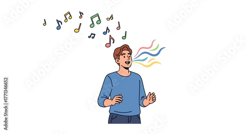 Man singing with musical notes flying out of his mouth.