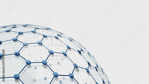 Abstract 3d globe with interconnected blue nodes and lines forming a digital network grid on a white background