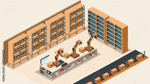 Automated warehouse with robotic arms and conveyor belts processing packages and storing goods on shelves